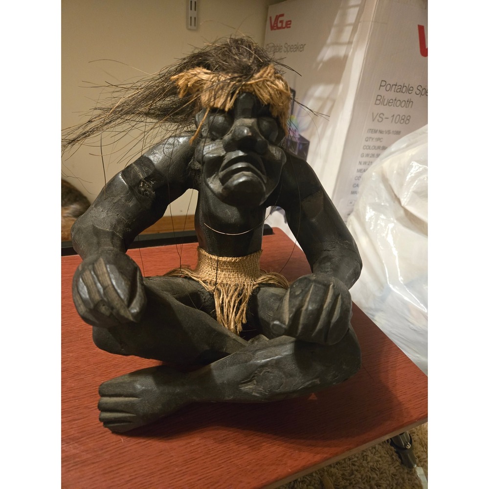 Vintage Hand Carved Wooden Tribal Figure Seated Man‎ Folk Art Sculpture Raffia